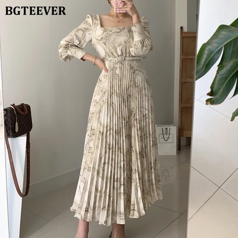 BGTEEVER Elegant Square Collar Women Pleated Dress Long Sleeve Slim Belted Sashes Female Printed Dress Vestidos 2021