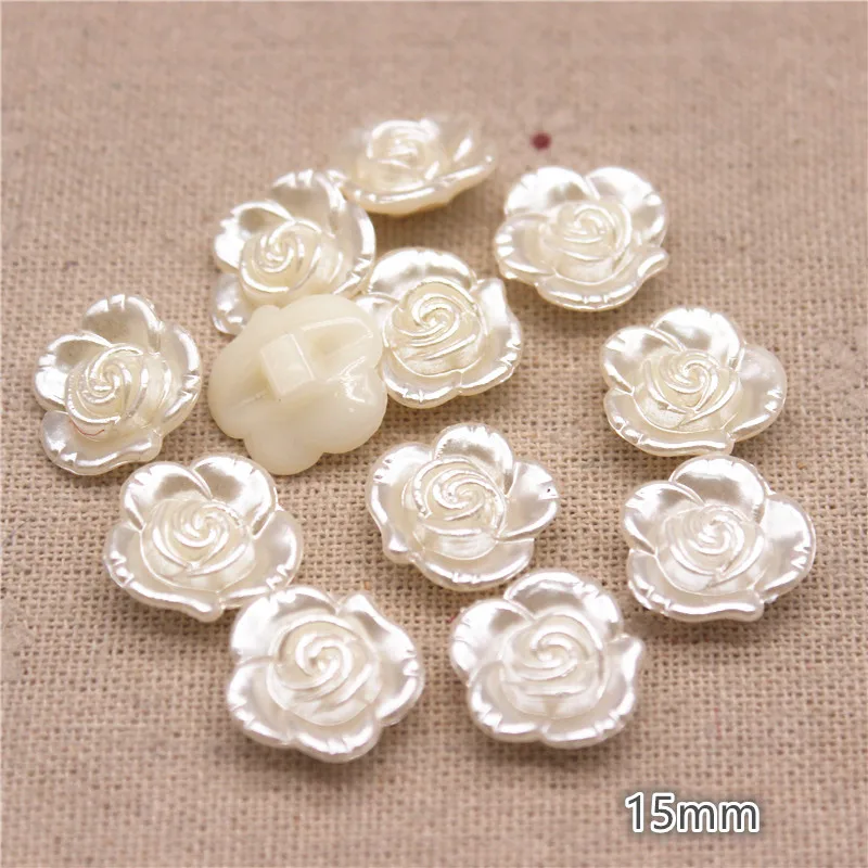 50PCS 15mm Resin ABS Ivory/White Pearl Flower Shank Button Clothing Accessories For Sewing Scrapbooking Garment DIY