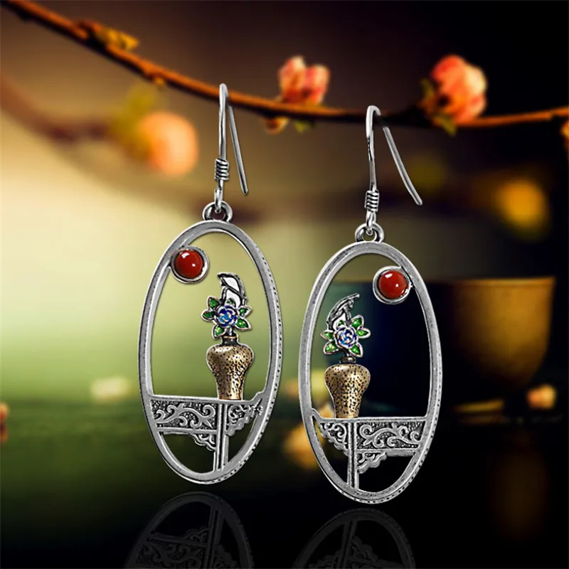 

Uglyless China Chic Poetic Jewelry for Women Thai Silver 925 Silver Vase Earring Agate Moon Brincos Eastern Charming Dress Jewel