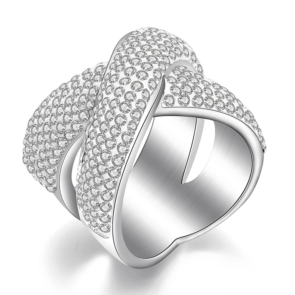 NONE Modeschmuck Kreuzring mit Kristall gepflastert, trendiger Edelstahl, österreichische Kristalle, Damenringe als Partygeschenk 3