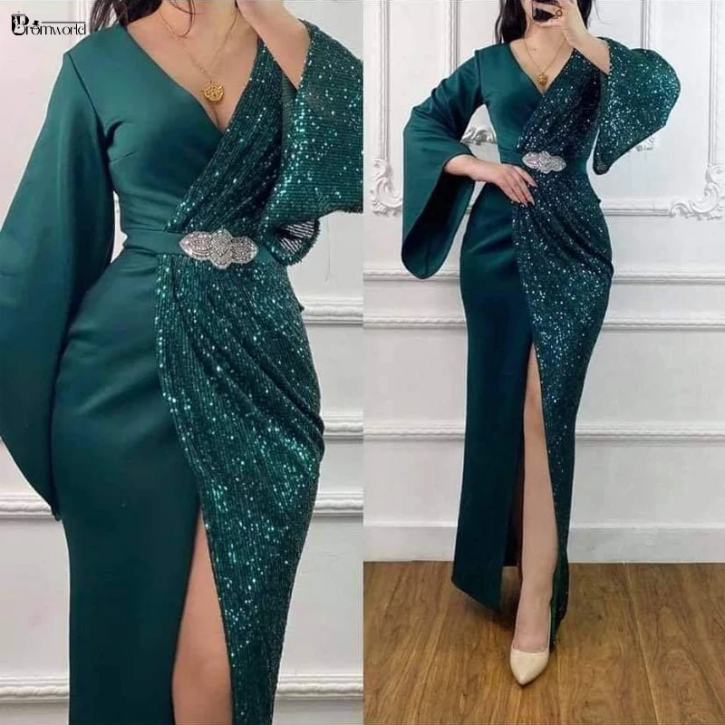 Vestidos muçulmanos com lantejoulas, mangas completas, decote em v, vestidos formais de fenda, vestidos sexy sereia, verde, 2022, Longo