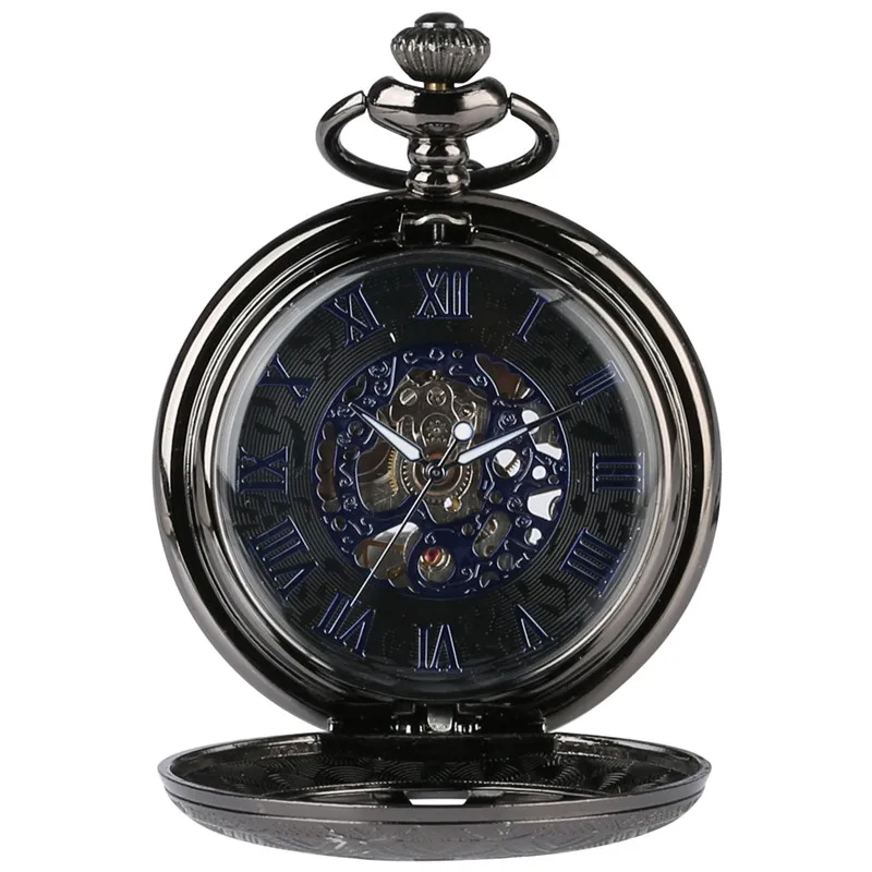 Antique Black Hollow Wheel Design Men Women Mechanical Hand-Winding Pocket Watch Pendant Chain Clock Roman Number Dial Gifts