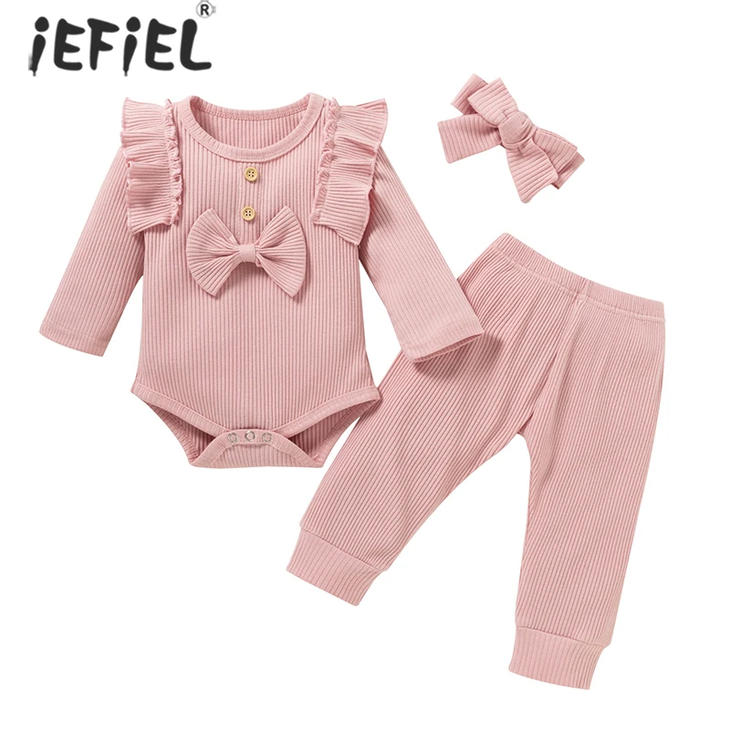

3Pcs Newborn Girl Clothes Set 0-24Months Baby Girl Clothes Toddler Kids Knitted Ribbed Bodysuit+Pants Infant Baby Clothing