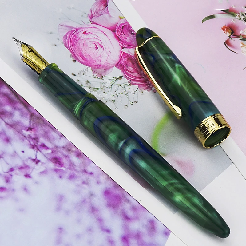 

LORELEI 019 Resin Fountain Pen with Converter Iridium EF/F 0.38/0.5mm Dark Green Golden Clip Ink Pen for Business Office Home