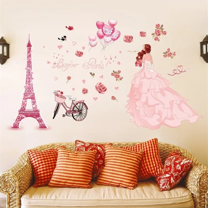 Romantic Pink Flower balloon Wedding Girl Love Wall Stickers For Girls Room Decoration Hello Paris tower Mural Pvc Art Wallpaper