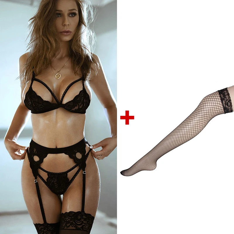 4Piece Women Sets See Through Underwear Set Bra And Panty Set Add Stockings Garter Strapless Bra Set Plus Size Sexy Lingerie