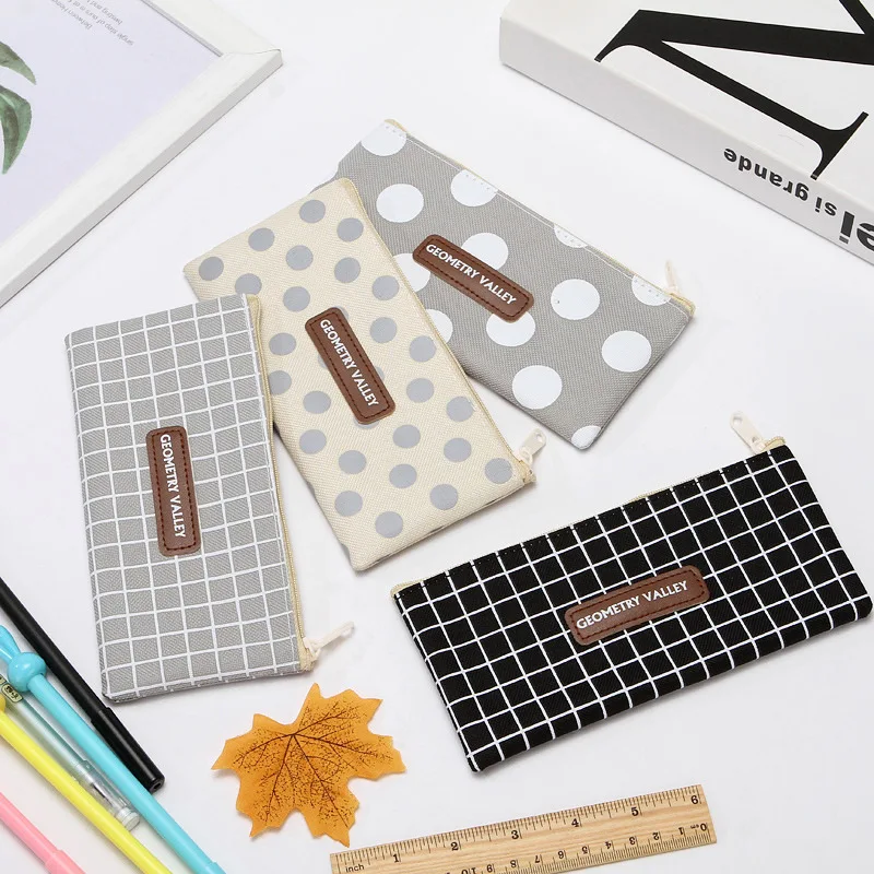 1pc Korea Lattice Xiaoqing Pencil Case Student Stationery Bag Large Capacity Pencil Case Canvas Cosmetic Stationery