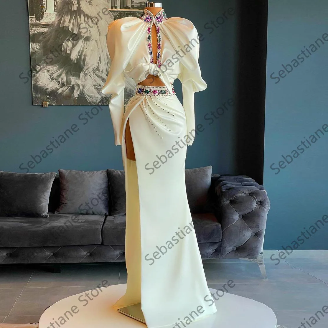 Vestidos de graduación elegantes de dos piezas para mujer, manga larga, cristales de abertura alta, vestidos de desfile de noche formales, talla grande, personalizado, recién llegado