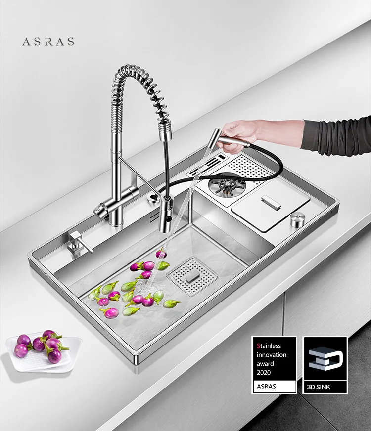 Handmade Kitchen Sink Set com Dual-Mode Pullout Faucet, 3D circundante, Cup Rinser, SUS304 aço inoxidável, ASRAS-8549X