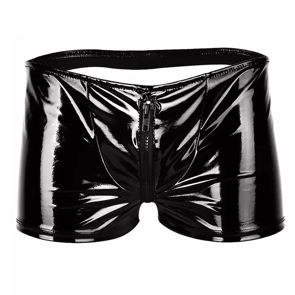 Mens Sexy Open Crotch Leather Short Pants For Sex Zipper Crotchless Shiny Patent Leather Fetish Boxer Erotic Hot Porn Pants Sexi