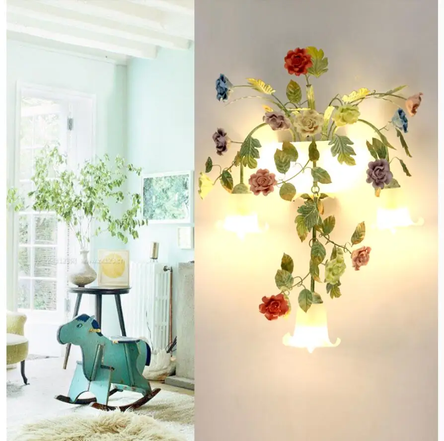 Decora Country Floral Flower Rose Wall Lamps LED AC Wall Lights for Living Room Home Indoor Lighting Wall Sconces Bedroom Lamp