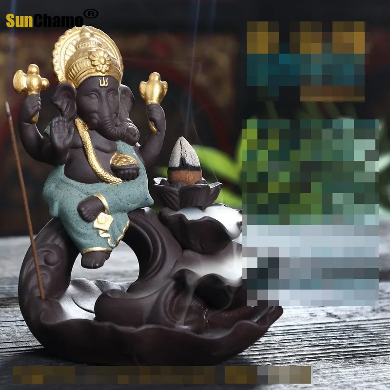 

Tibetan Incense Sticks Ganesha Sitting Lotus Backflow Incense Burner Indian Elephant God Incense Holder Ceramic Cone Censer