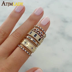 Gold Color Engraved Bling CZ Evil Eye Wide Engagement Band Ring For Lady Women Party Gift Finger Jewelry Classic Antique Ring