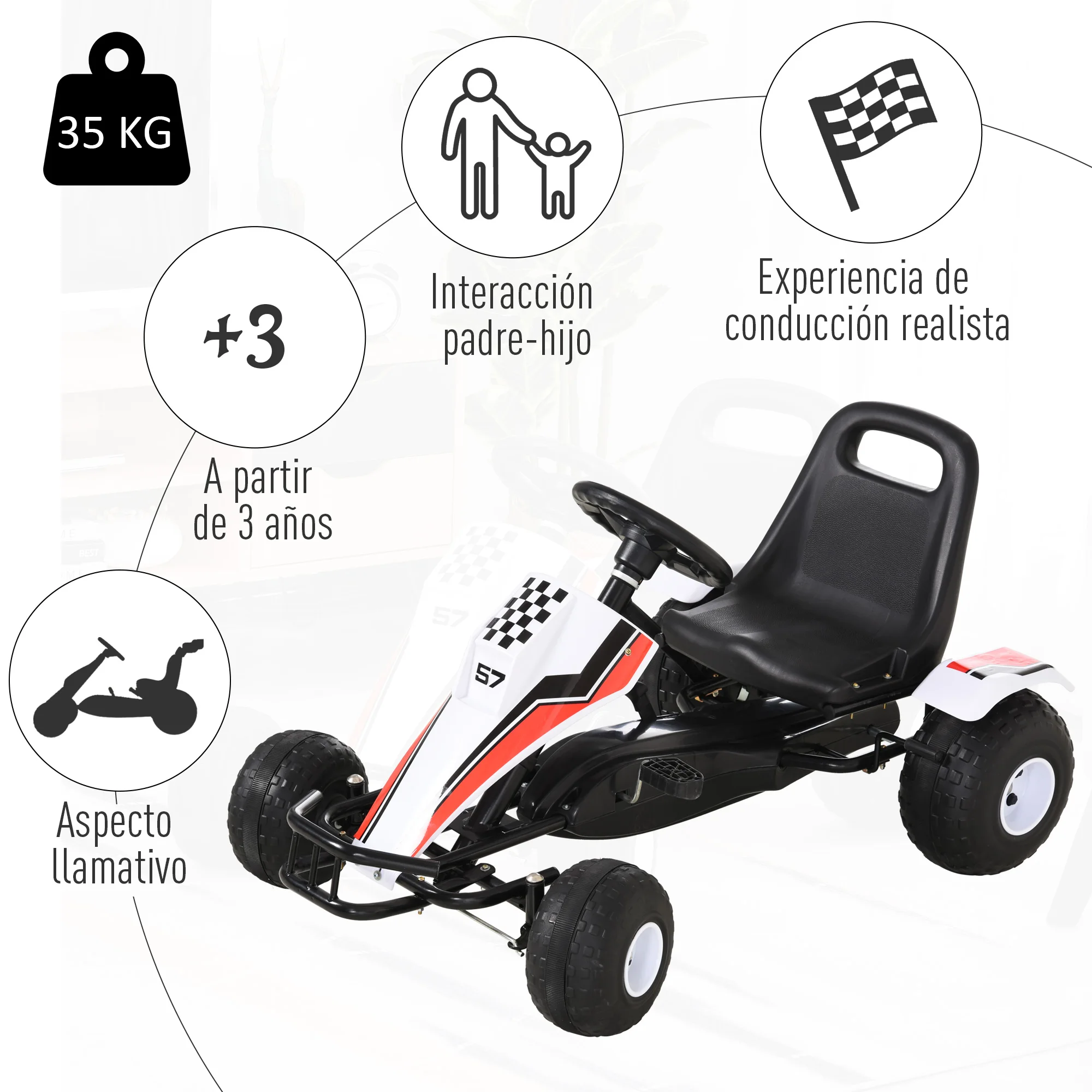 Go Kart A Pedales HOMCOM Para Niños +3 Años Con Asiento Ajustable, Freno De Mano Y Neumáticos Para Interior Y Exterior