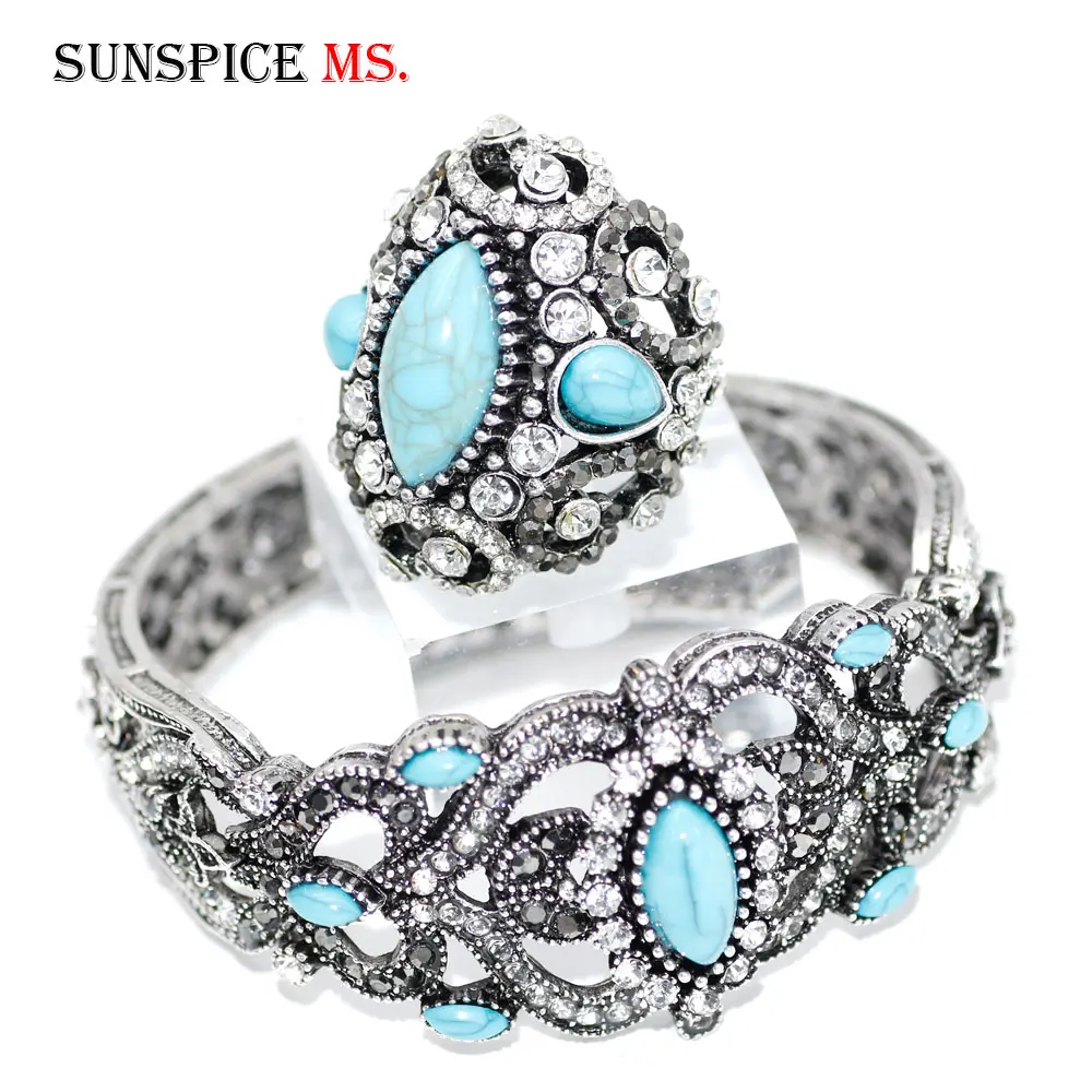 SUNSPICE MS Vintage Indian Jewelry Women Old Gold Silver Color Bangle Ring Sets Turkish Ethnic Banquet Wedding Jewelry Gift