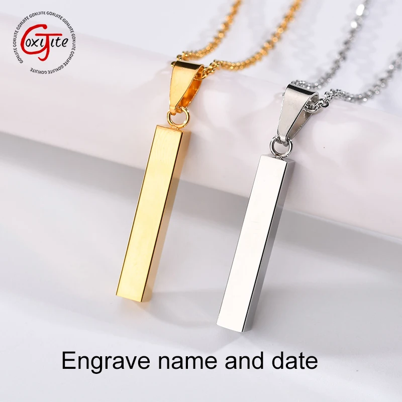 Goxijite Custom Cylinder Letter Name Necklace Stainless Steel Four Sides Engraving Date Symbol Necklace Women Memorial Gift