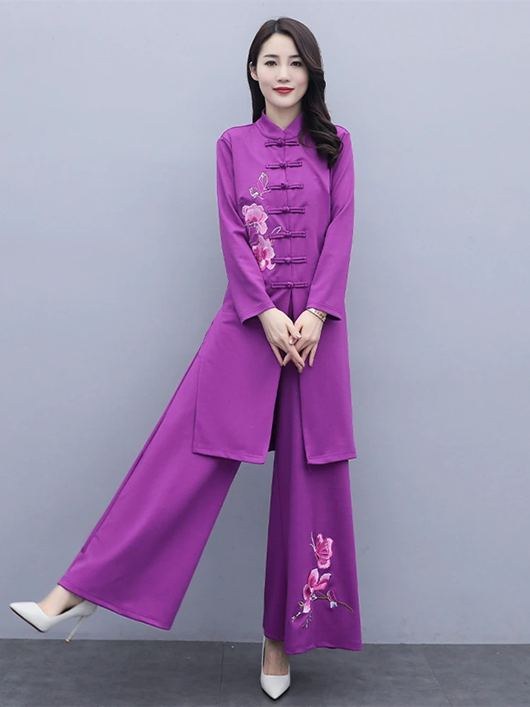 Chinese Style Two Piece Set Women Fashion National Embroidered Wide Leg Pants Clothing Vintage 2022 Suit Conjuntos De Mujer