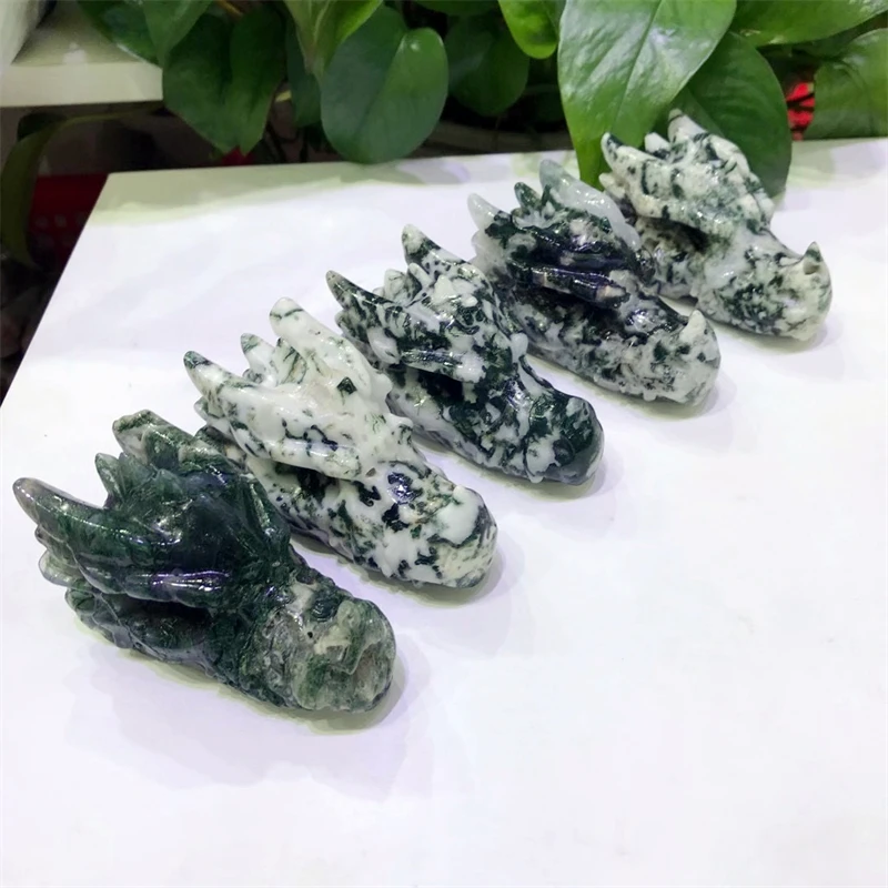 

6cm Natural Stone Moss Agate Crystal Handmade Carved Dragon Head Skull Polished Animal Statue For Home Decoration Gift 1pcs