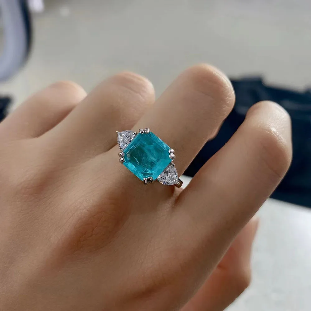 Anéis de prata esterlina 925 real, 10mm, pedra azul, aquamarine, paraiba, turmalina, alto carbono, joias, presentes para mulheres