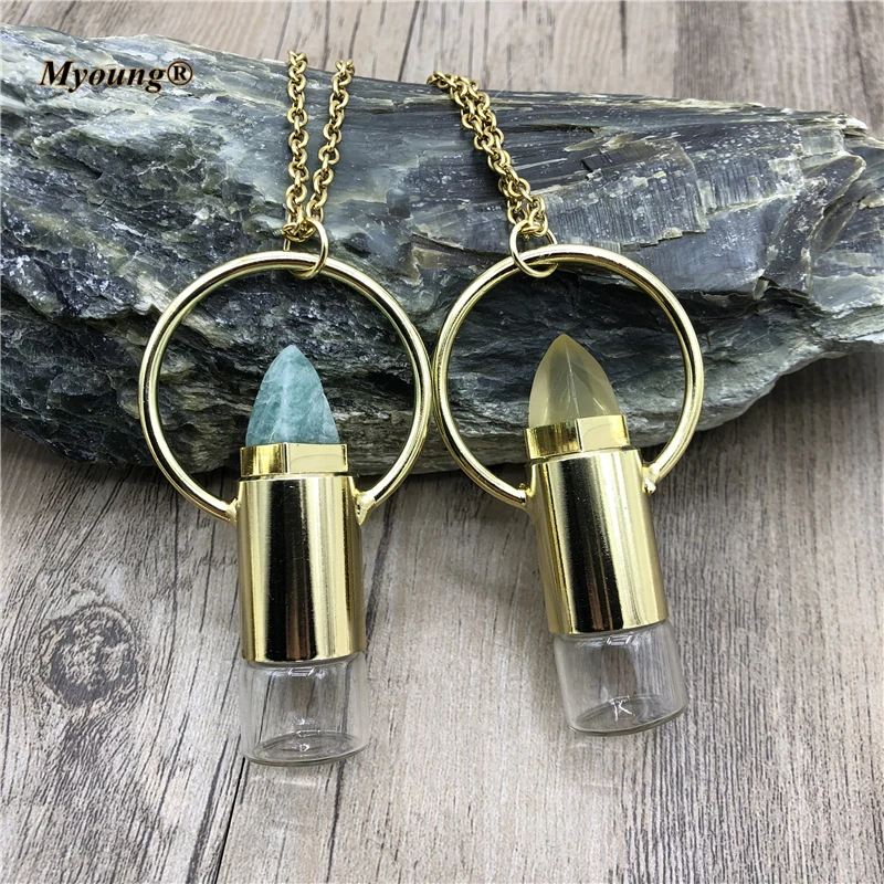 

Gold-Plated Loop Natural Amazonite Lemon Quartz Stone Perfume Essential Oil Diffuser Roll On Bottle Pendant Necklace Women Gift