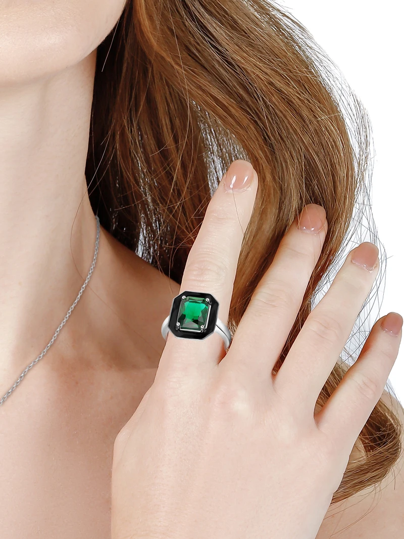 LAYA 925 Sterling Silver Fashion Mood Ring Synthetic Green Crystal Black Enamel Square Ring For Women's Wedding Luxury Jewelry