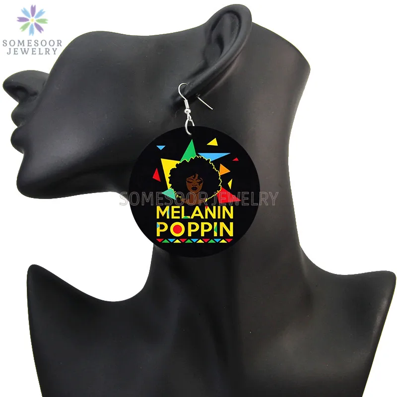 SOMESOOR Melanin Poppin Queen Curly Wooden Drop Earrings Black Girl Magic Goddess Art Printed Afro Loops Dangle For Women Gifts
