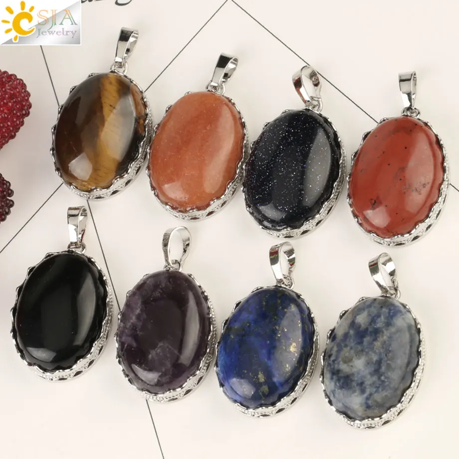 CSJA Natural Gem Stone Crown Pendant for DIY Necklace Oval Cabochon Healing Purple Crystal Pink Quartz Charm Female Jewelry G211