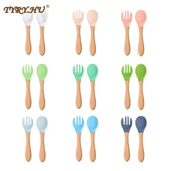 Juego de cuchara y tenedor de silicona de calidad alimentaria, entrenamiento de alimentación de bebé con mango de madera, accesorios para comer de forma independiente, 2 uds.