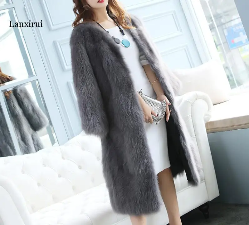 Long style fake fox fur coats women V neck 9/10 sleeve Environmental fox fur jackets ladies overcoat autumn winter new arrival