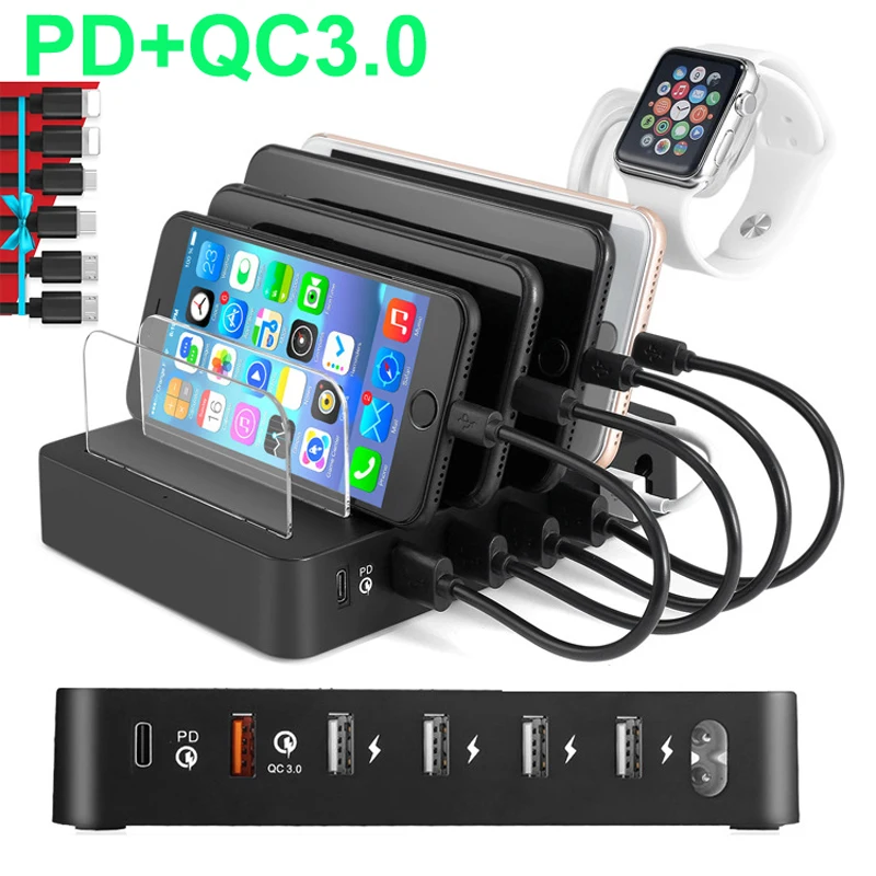 Multi USB Charger 6 Port Quick Charge QC 3.0 PD Fast Charger Station 70W For iphone 12 11 Pro Max 8 XR XS Samsung S20 S10 HuaWei