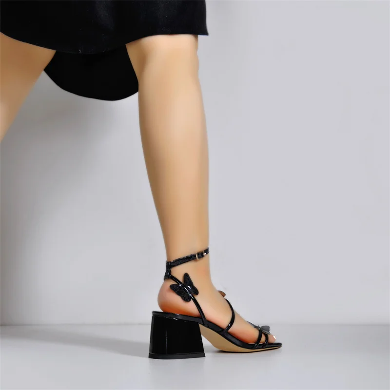 Onlymaker  Summer Sandals Square Peep Toe Butterfly Decoration Strange Style Chunky Heels Women Daily Casual High Heels