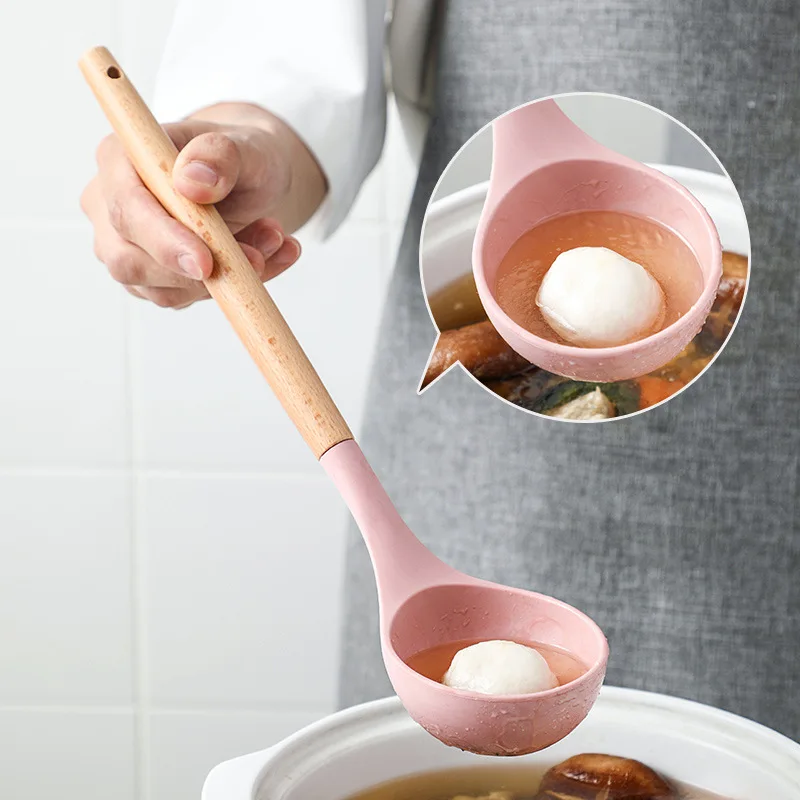 Nonstick Silicone Ladle Soup Spoon With Wooden Handle Heat Resistant Porridge Spoon Rice Ladle Soup Cooking Mixing Serving Spoon