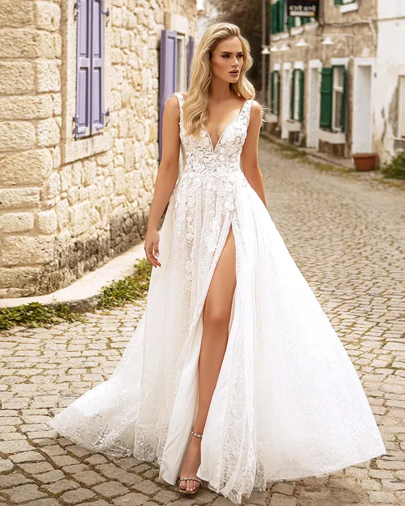 

Trouwjurk V-Neck Beach Wedding Dress Beading Appliques Vintage Robe De Mariee Slit Skirt Sexy Vestidos De Noiva Bridal Gown