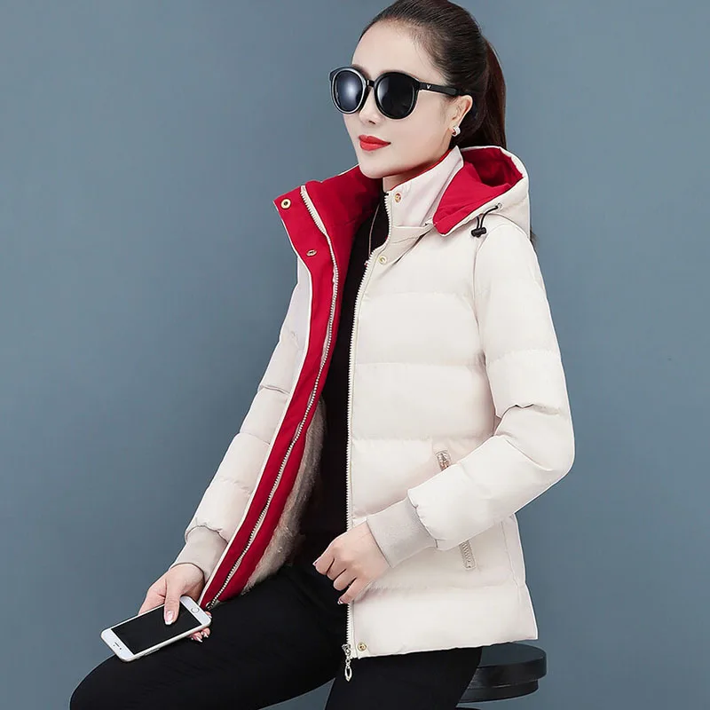 

Winter Jacket Women's NicePop Cotton Coat Loose Plus Velvet Thick Hooded Lady Windbreaker Female Parka Outwear Ladies Overcoat