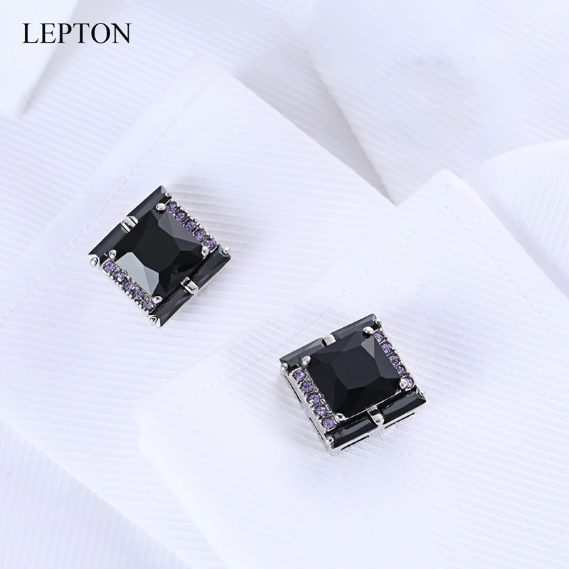 

LEPTON Black AAA Zircon Cufflinks High Quality Purple Crystal Cuff Links For Mens Wedding Groom Business Gifts Cufflink Gemelos