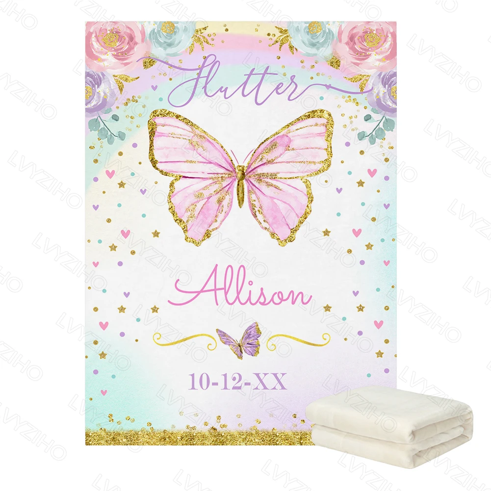 LVYZIHO Dinosaur And Butterfly Baby Blanket Personalized Name  Boy / Girl Blanket - 30x40 / 48x60 / 60x80 Inches - Fleece Blanke