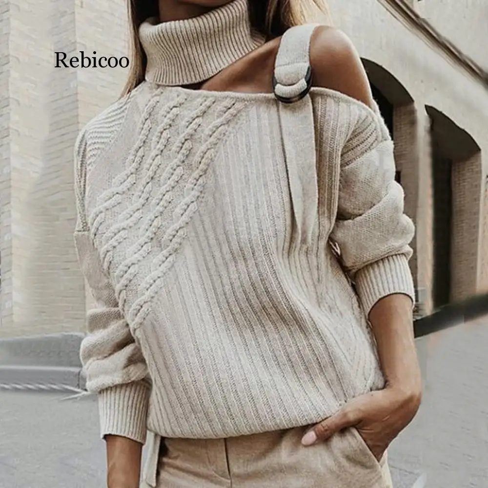 Patchwork Sweaters For Women Sexy Turtleneck With Bare Shoulders Warm Autumn Winter Pullovers Long Sleeve Ribbed Knit Sweater