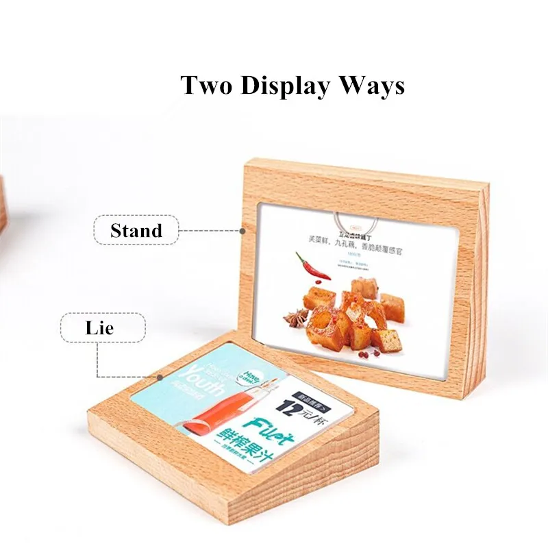 Slant Madeira Acrílico Sign Holder, Display Stand, Menu Holder, Poster Frame Block, Small Price Label, Paper Card Tags, 90x 54mm