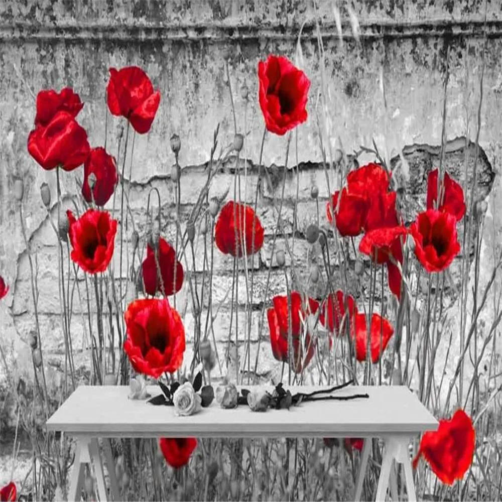 Milofi custom 3D wallpaper mural black and white retro shabby brick wall poppy flower background wall decoration painting wallpa