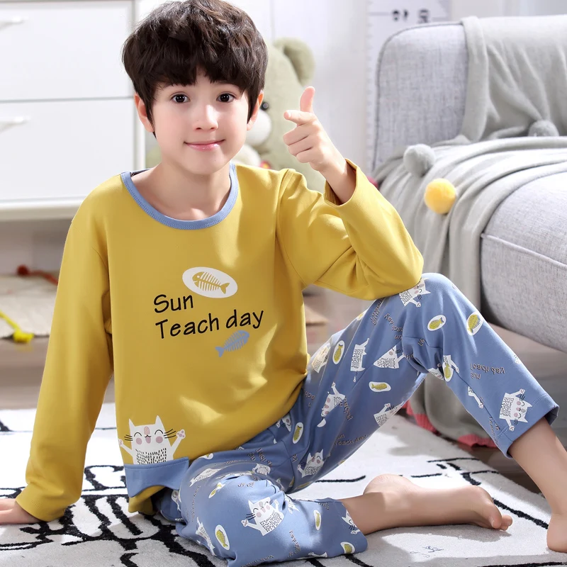 H5657 Boy Cartoon Pajamas Spring Autumn Korean Comfortable Nightgown Sleepwear Men Long Sleeve Cotton Casual Nightwear Home Suit