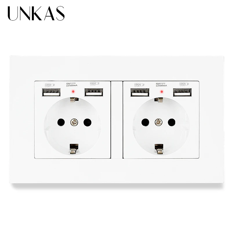 

UNKAS Gray PC Plastic Panel 2 Gang EU Standard Wall Socket With Charge Port Hidden Soft LED Indicator 146MM * 86MM Outlet