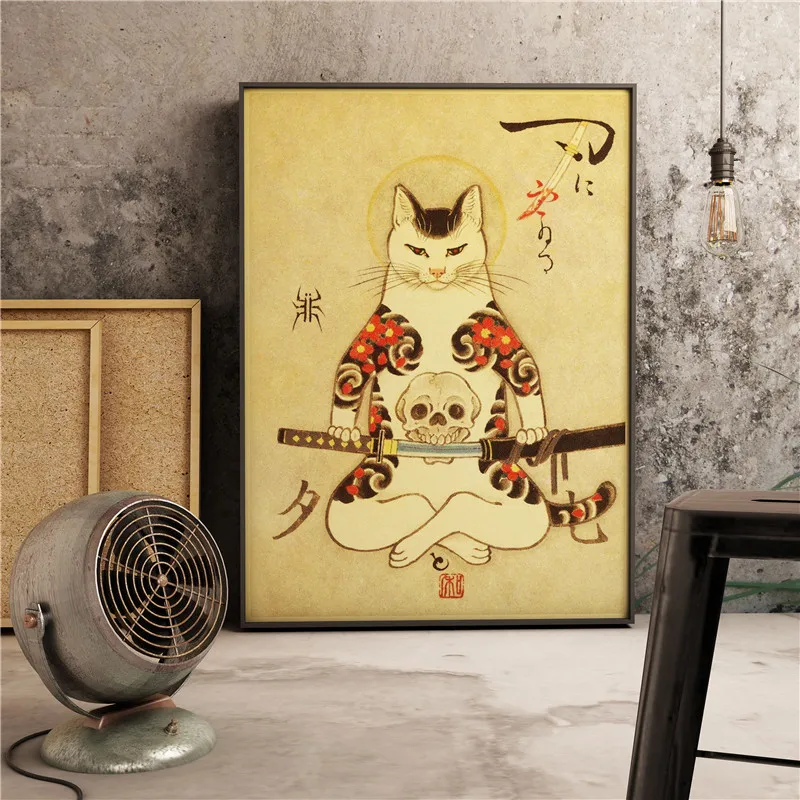 Retro Japanese samurai cat tattoo cat posters Art Decor wall Decor Cute Animal Quality Canvas Painting For Home Decor