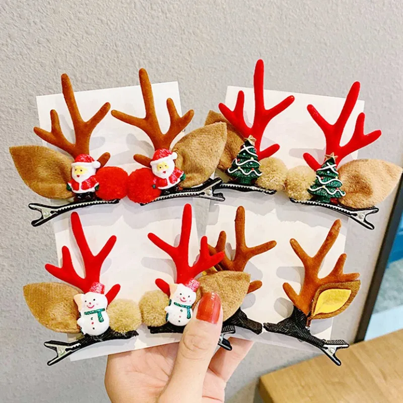 2pcs Christmas Hair Clip Santa Claus Snowman Antlers Design Hairpin Headdress For Girls DIY Hair Styling Tools Accessories