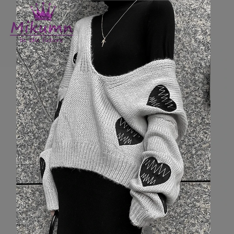 Harajuku Gothic grey Love ricamo maglione da donna stile Punk scollo a v sciolto pullover lavorato a maglia Vintage Chic Streetwear