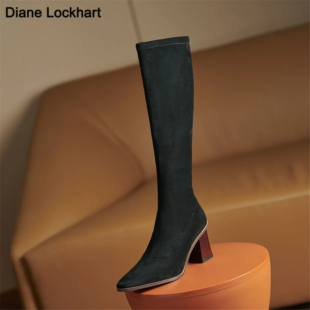 Autumn Fashion Women Boots Square Toe Yarn Elastic Knee high Boots Kid suede Thick Heel Shoes Female Zip Socks Boots bota femini