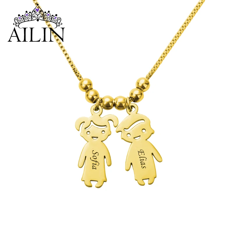 

AILIN Custom 18K Gold Plated Engraving Name Necklace Women With 1-7 Boy Girl Charms Personalised Chain Jewelry Gift For Mother