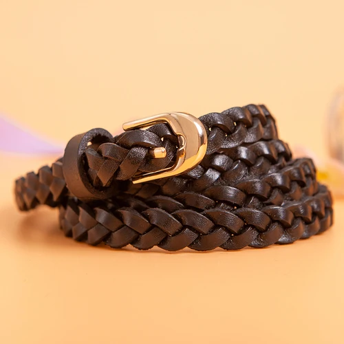 Imagen 2 del producto Moda mujer trenzado Casual 100% cuero genuino hebilla estrecha correa cinturón ajustado cinturón tejido para mujer