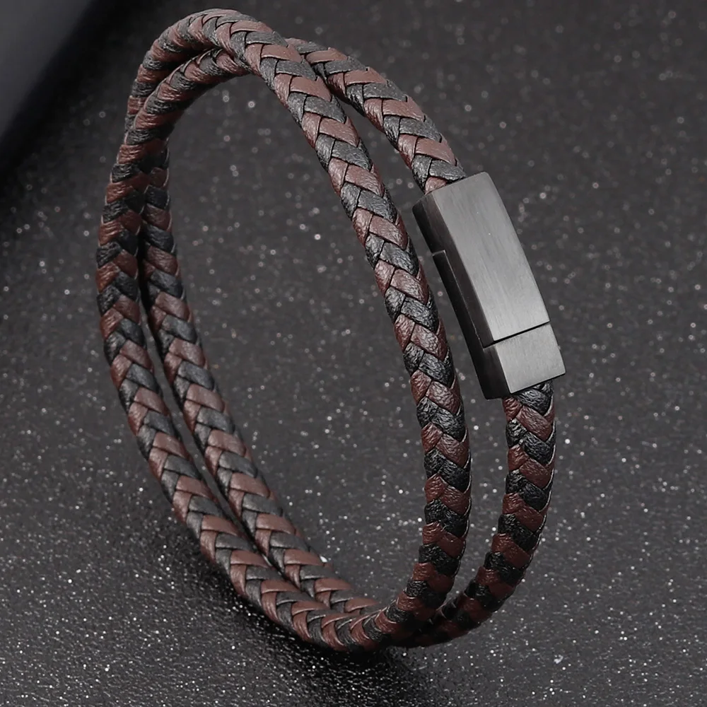 Fashion Unisex Multi-layer Woven Leather And Stainless Steel Combination Men\'s Leather Bracelet Black Brown Male Jewelry Gift