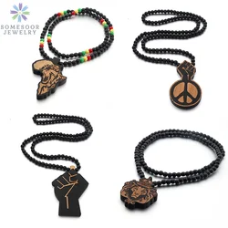 SOMESOOR Africa Map Wood Beads String Necklace Afro Lion Peace Symbol Power Fist Pendant Hip Hop Jewelry For Men Women Gifts