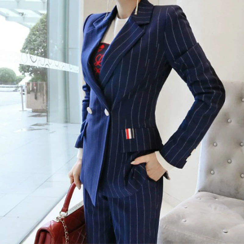 2020 Women Print Striped Blue Suit and Sheath Pants Ladies Floral Two Piece Set New Year Modis Formal OL Work Office 2 Piece Set